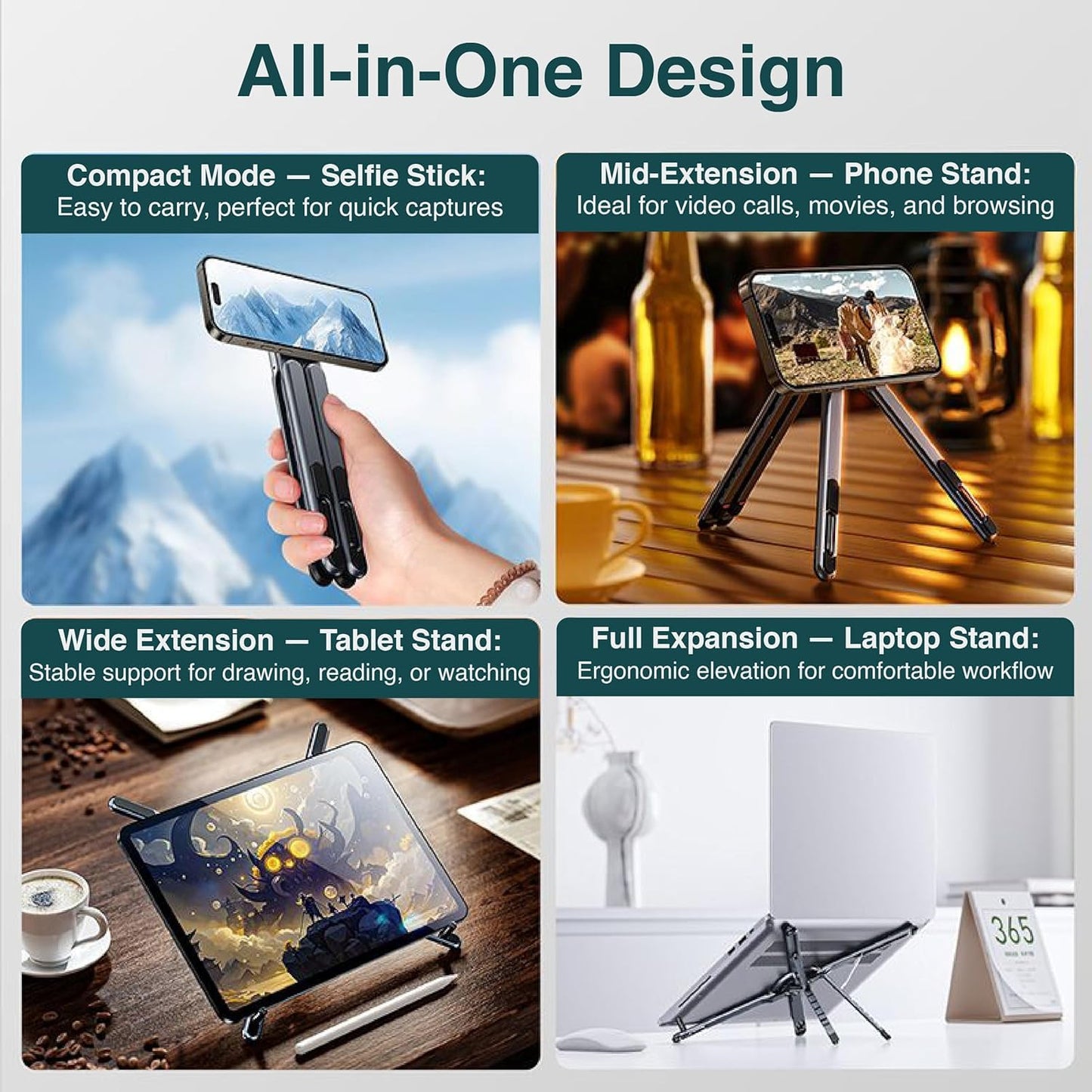 Trendemart 4-in-1 Foldable Aluminium Stand | Phone, Tablet, Laptop & Selfie Stick
