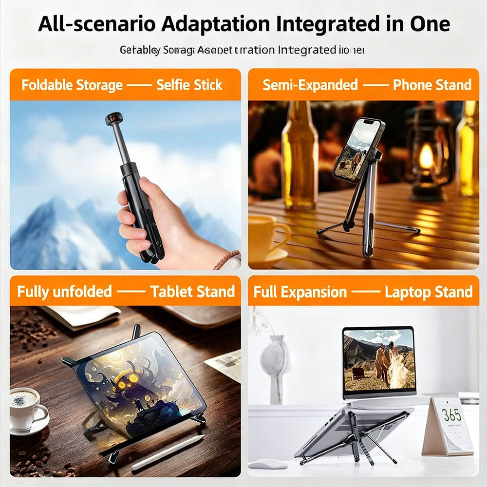 Trendemart 4-in-1 Foldable Aluminium Stand | Phone, Tablet, Laptop & Selfie Stick