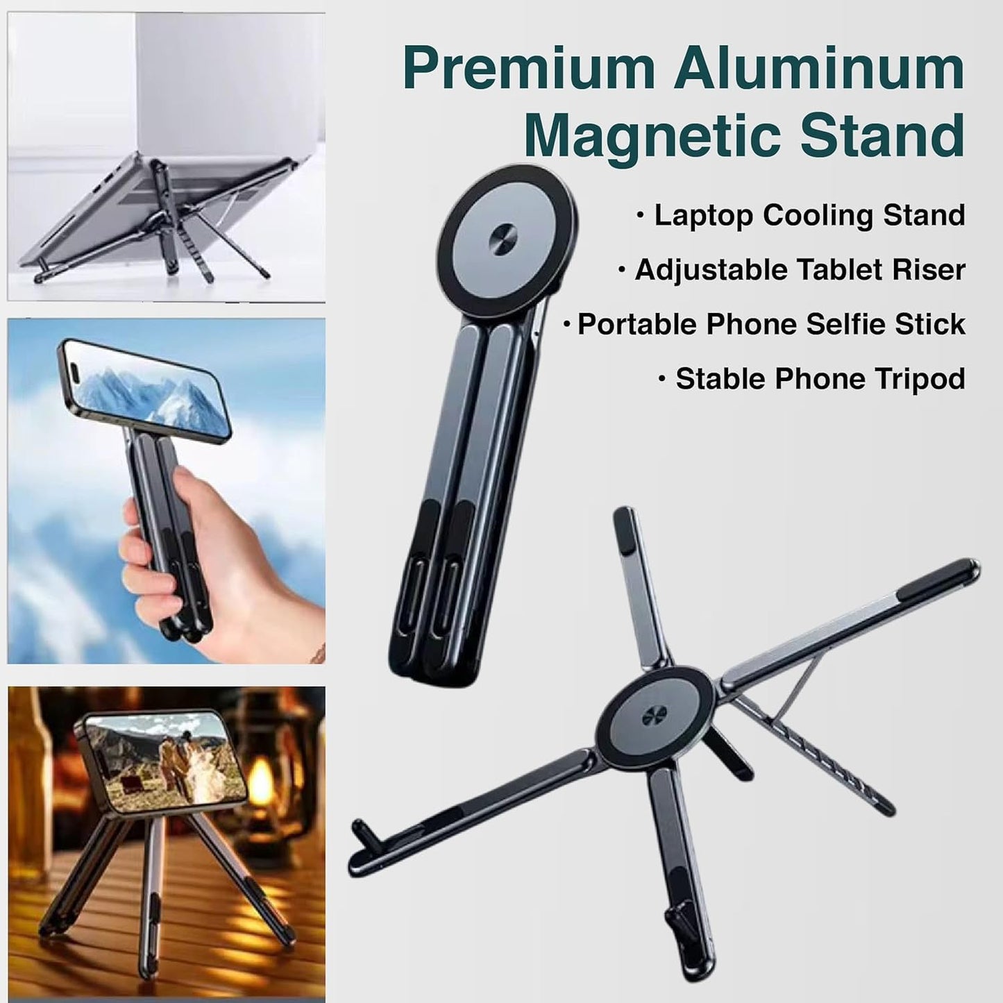 Trendemart 4-in-1 Foldable Aluminium Stand | Phone, Tablet, Laptop & Selfie Stick