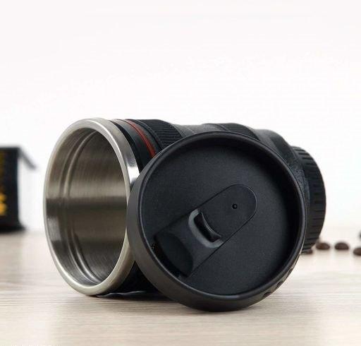 Trendemart Plastic Camera Lens Shaped Coffee Mug With Lid, 350ml (Black)