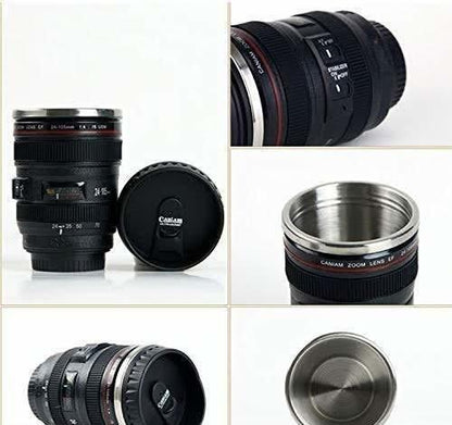 Trendemart Plastic Camera Lens Shaped Coffee Mug With Lid, 350ml (Black)