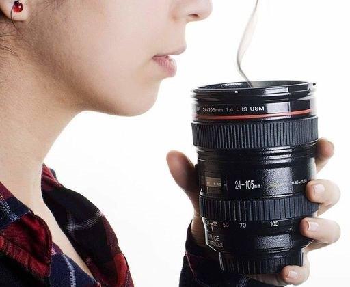 Trendemart Plastic Camera Lens Shaped Coffee Mug With Lid, 350ml (Black)